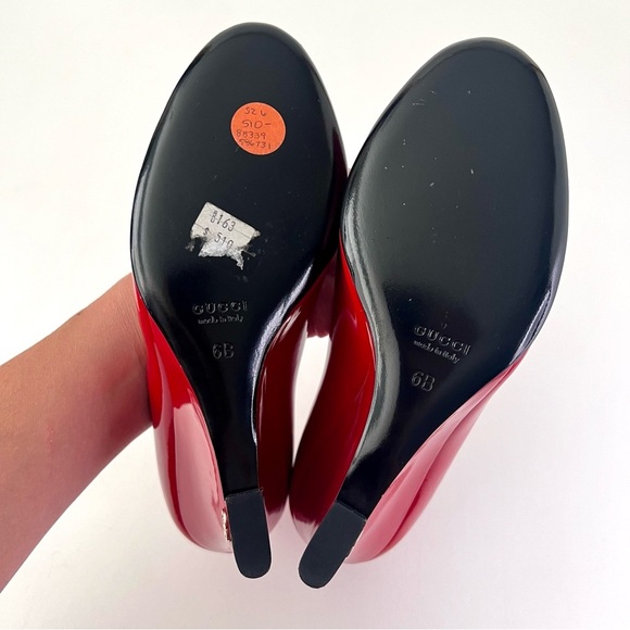 GUCCI | Red Patent Leather GG Logo Peep Toe Wedge Pumps Heels Shoes Size 6 US - Picture 13 of 15